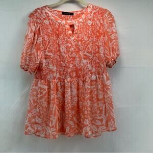 Floral Orange with Gold XL CURE Women's sheer babydoll blouse